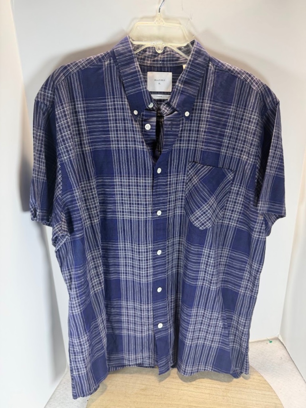 Billy Reid Men's XL Short Sleeve Button Down Shirt Navy Blue White Plaid Pocket